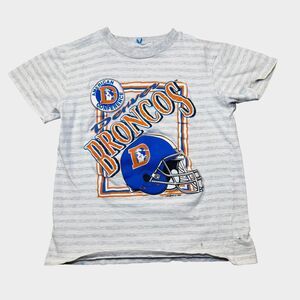 Vtg 1992 Denver Broncos Youth T-Shirt Single Stitch Heather Gray Striped 90s NFL